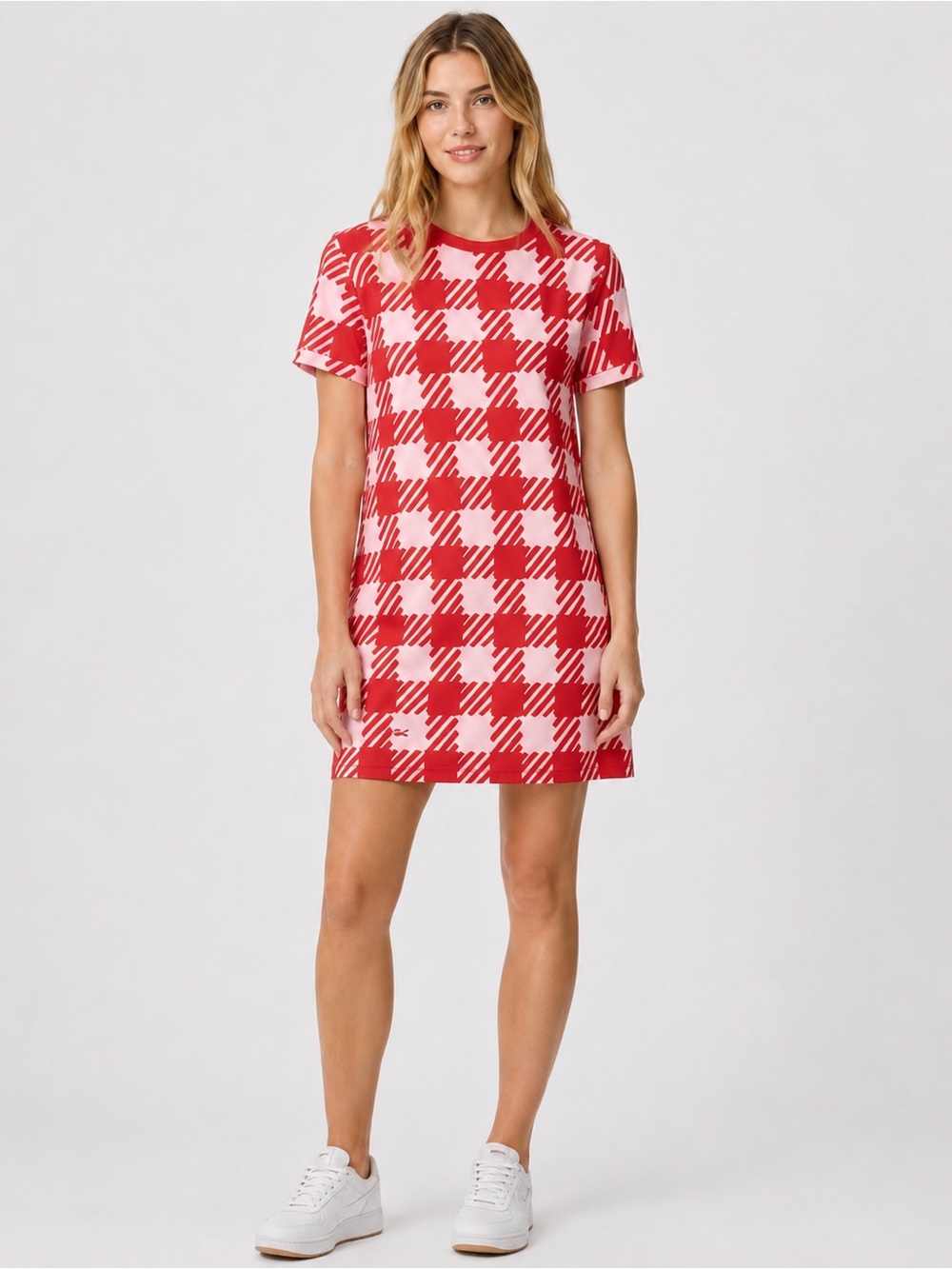 Lacoste Houndstooth Gingham Check Mini T-shirt Dress Tenniscore Small Red